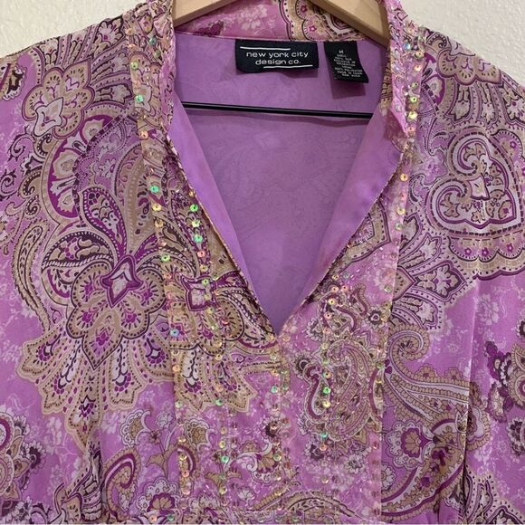 NEW YORK CITY DESIGN CO Silk Blouse Women’s Medium Pink Purple Tan Sheer Sequins - Picture 3 of 14